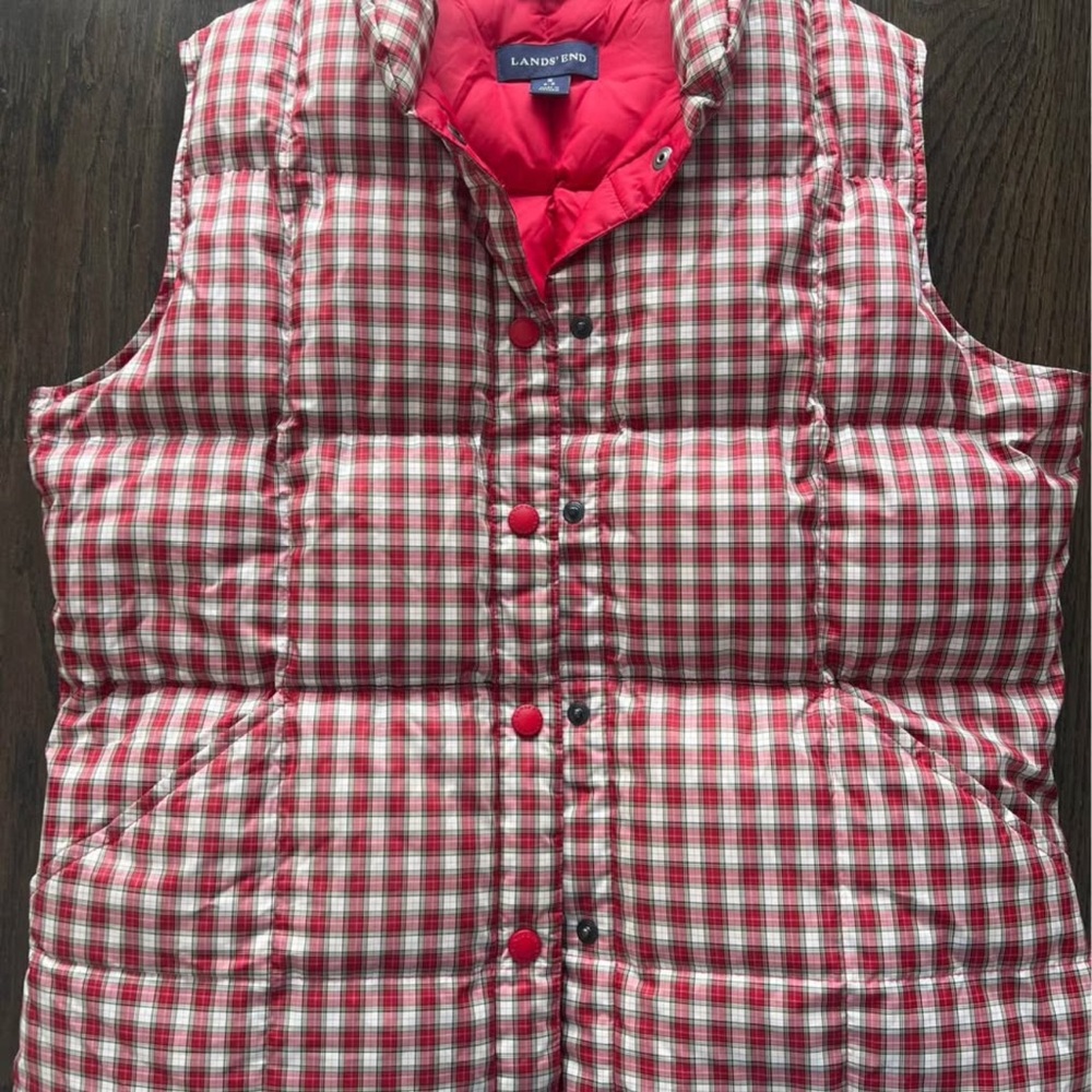 Lands' End Red and White Plaid Puffer Vest